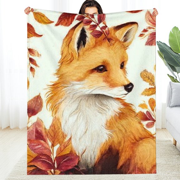 Creowell Fox Autumn Leaves Lightweight Flannel Blanket, Multi-Purpose 30*40in
