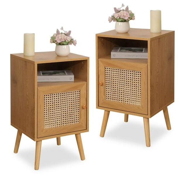 Tolead 2 Pieces Rattan Nightstand with Charging Station, Boho Side