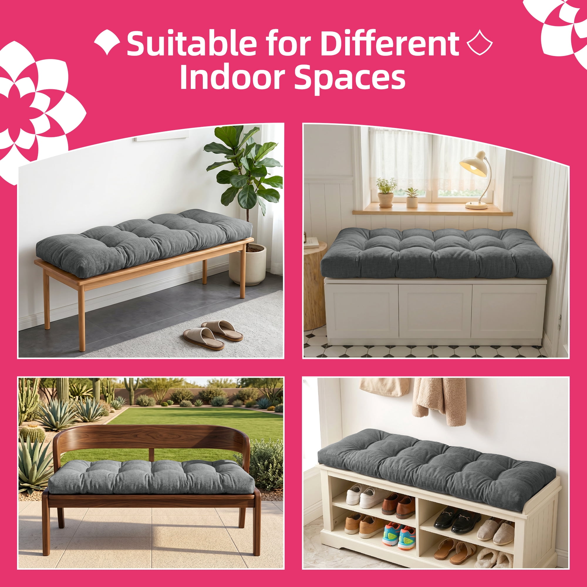 Millsilo Indoor Bench Cushion 45" x 18" x 4", Thick Tufted Cushion with Non Slip Bottom for Window Seat & Entryway Bench, Gray