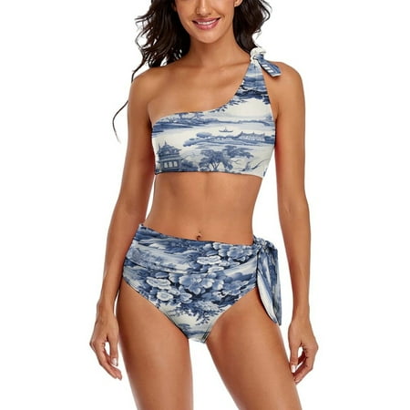 Blue Chinoiserie Toile Bridge One Shoulder Bowknot Swimsuit Two Piece Swimsuit Knot Crop Top Bikini High Waisted Bathing Suit