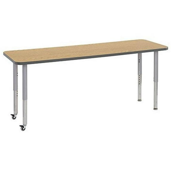 Early Childhood Resources ELR-14709-OKRDSVSS 24 x 72 in. Rectangular Contour Adjustable Activity Table with Standard Leg, Swivel Glides - Oak, Red & Silver