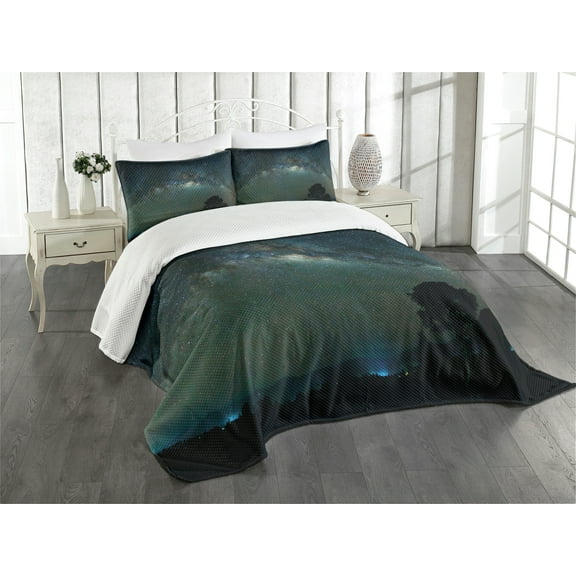 Ambesonne Sky Quilted Bedspread Set 3 Pcs, Milky Way Photo from Asia, Queen Size, Pale Green Black