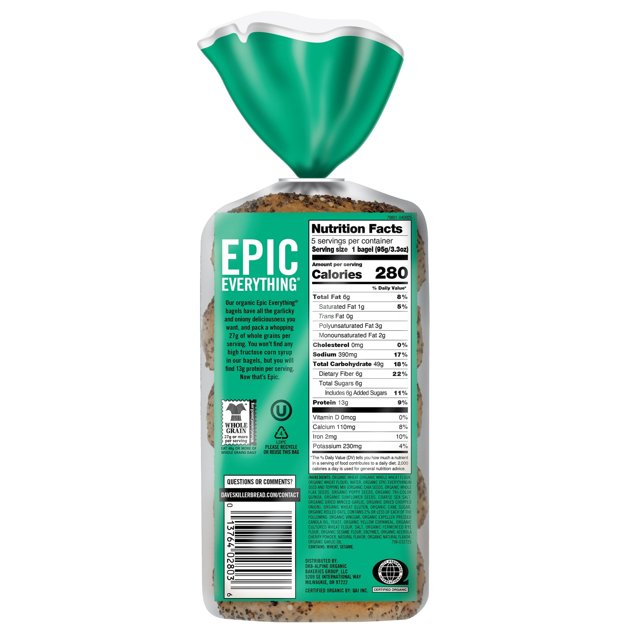 Dave's Killer Bread Epic Everything Organic Bagels, 16.75 oz, 5 Ct