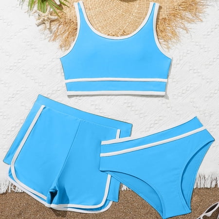 Ulitacool Summer Girls Swimsuit Solid Color Bikini Swimsuits With Shorts Kid 3 Piece Bikini Sport Bathing Lovely Clothes 11-12 Years Blue