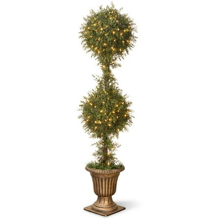 Christmas Topiary Tree - National Tree Mini Tea Leaf 2-Ball Topiary in a Gold Urn with 200 Clear Lights, 60