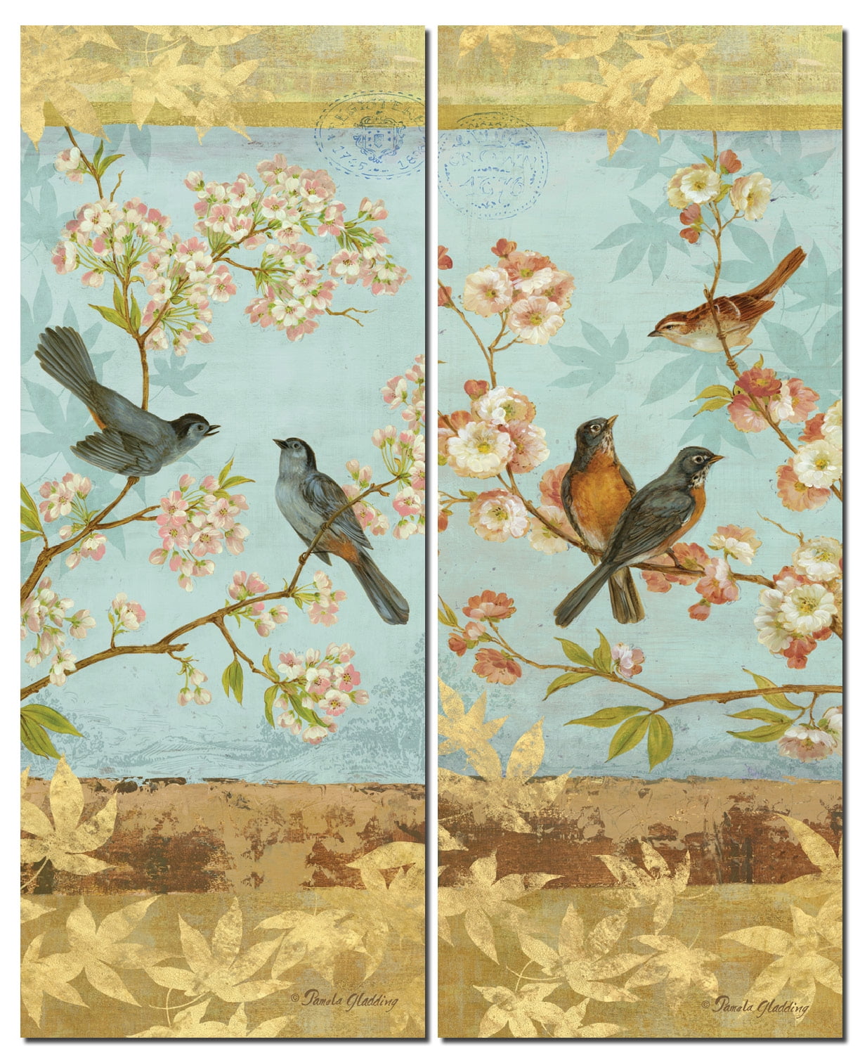 Catbirds & Blooms Panel- Vintage Pink Cherry Blossom Tree And Song 