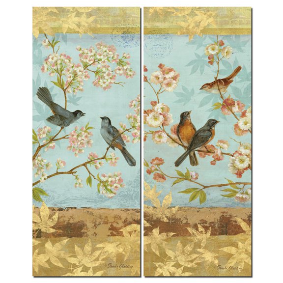 Catbirds & Blooms Panel- Vintage Pink Cherry Blossom Tree and Song birds; Two 8X20 Poster Prints