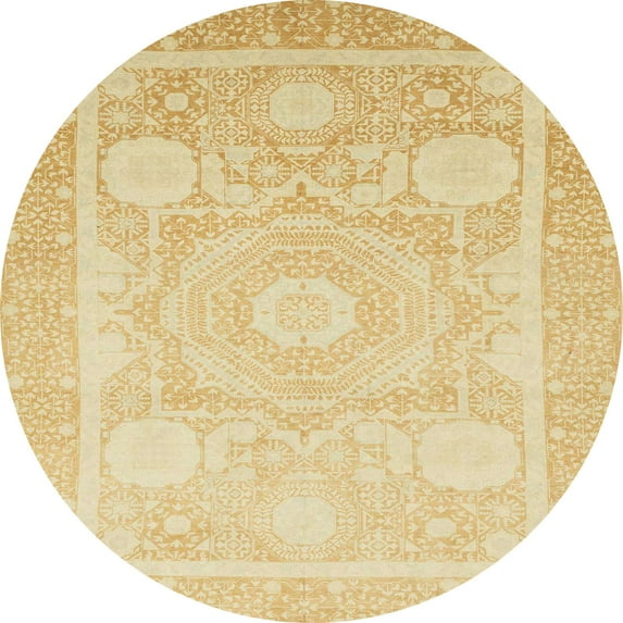 Ahgly Company Machine Washable Indoor Round Abstract Brown Gold Area Rugs, 7' Round