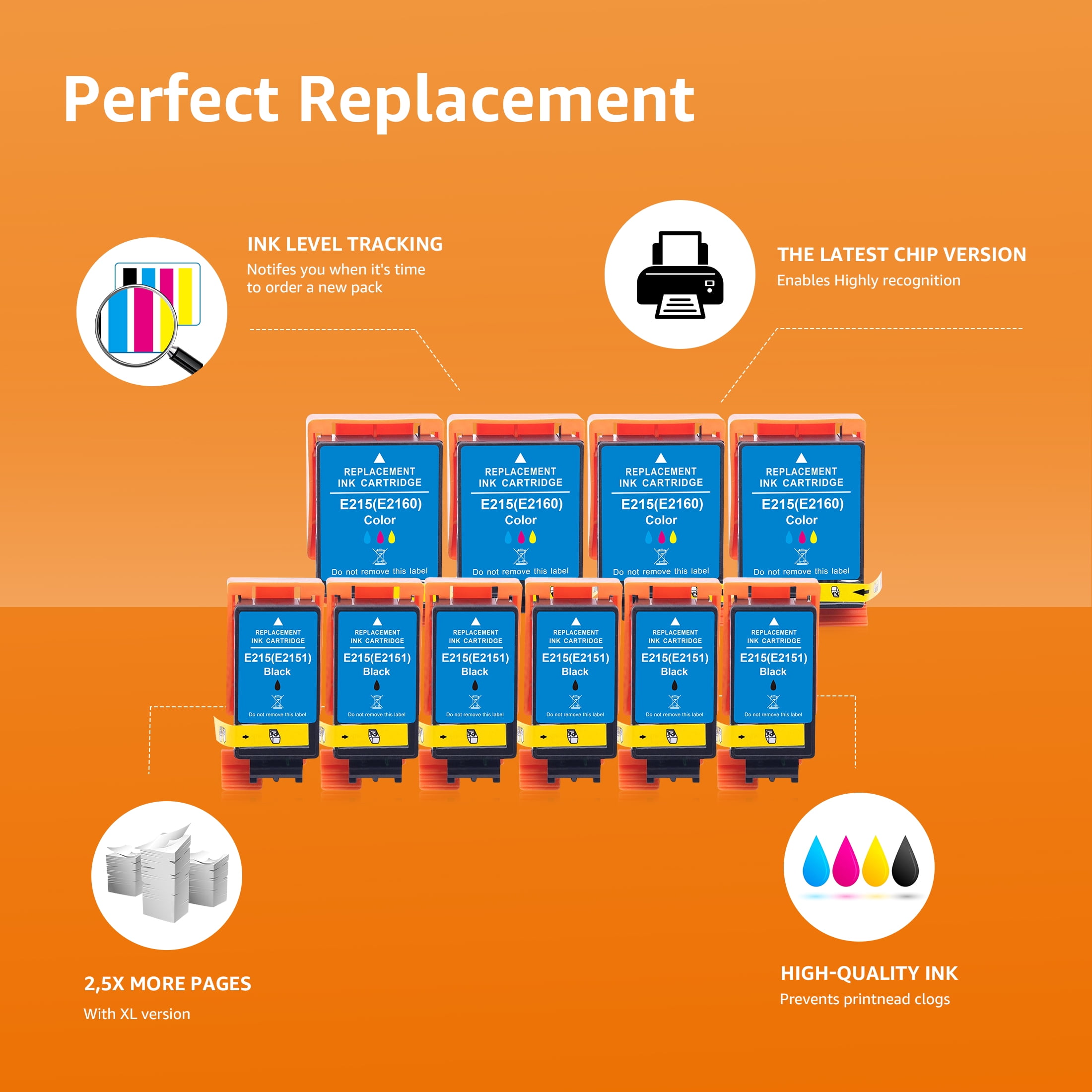T215 215 Ink Cartridges Compatible Replacement for  T215 Ink for WF-100 WF-110 EC-C110 Mobile Printer, T215120-S T215530-S Pigment (10-Pack: 6 Black, 4 Tri-Color)