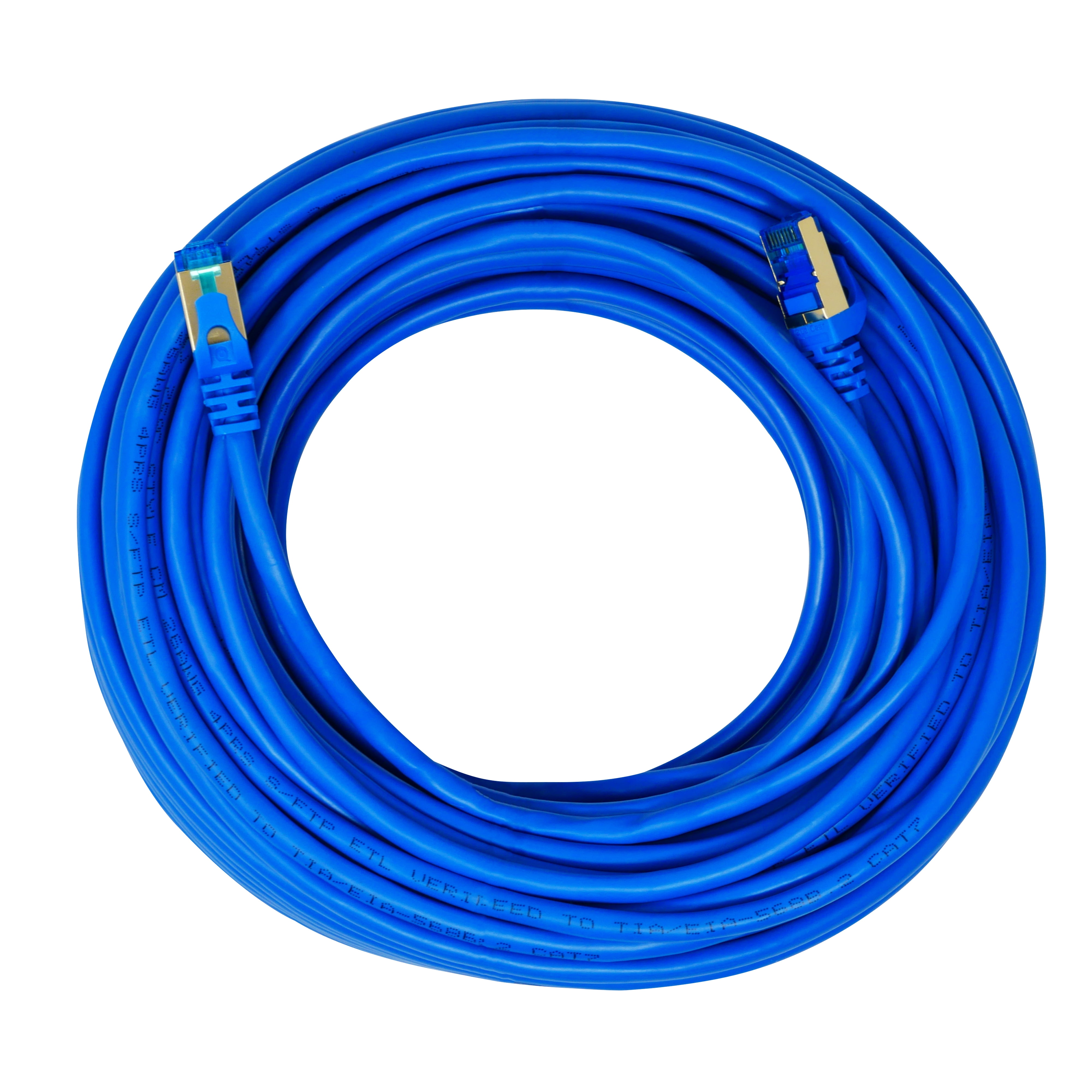 QualGear RJ45 Cat 7 Ethernet Patch Cable, 10Gpbs High-Speed Cable, 600MHz, Triple-Shielded, Round, 100 Feet, Blue