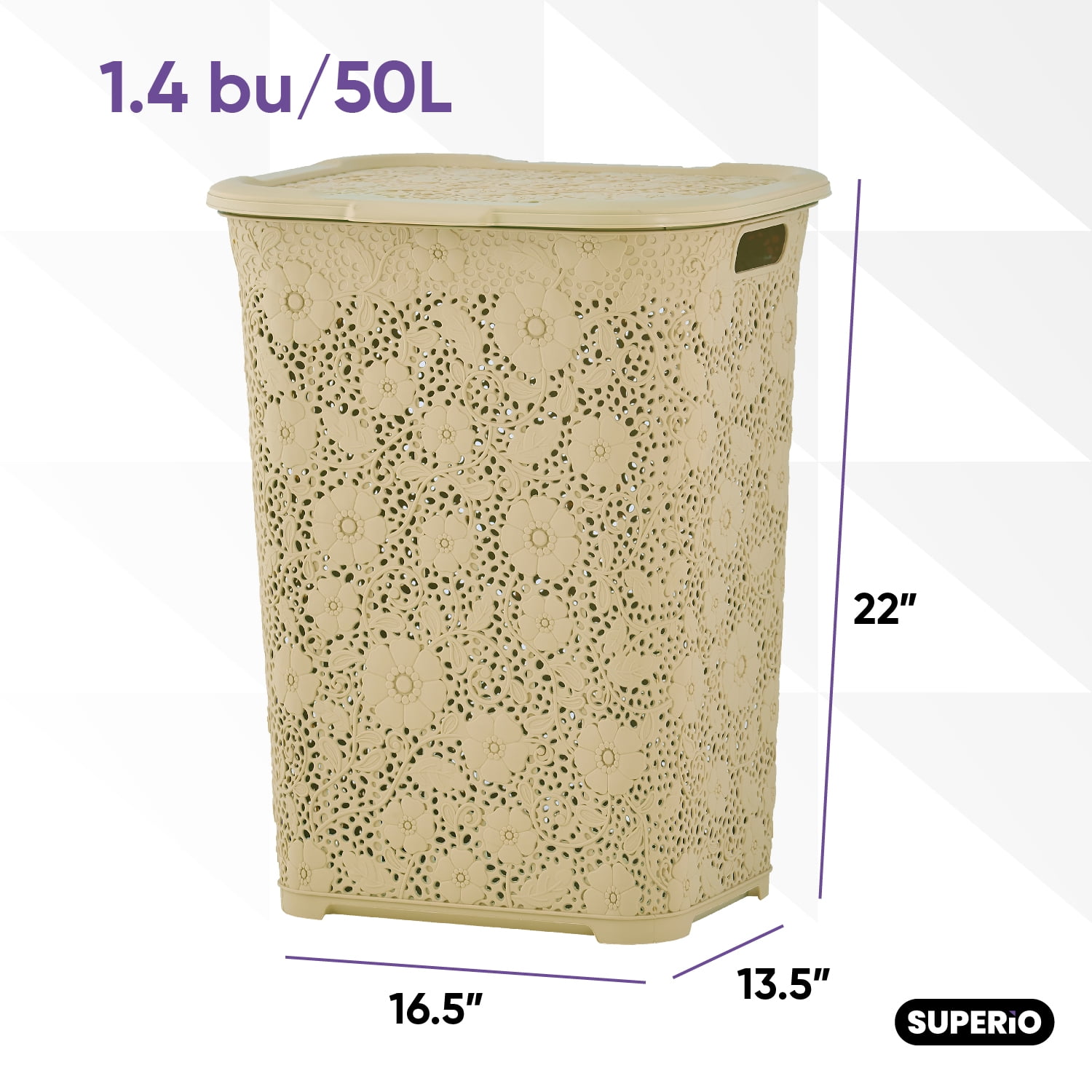 Superio 50L Large Lace Plastic Laundry Hamper with Lid - Beige (2 Pack)