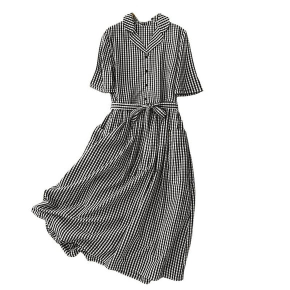 Women's Cotton Shirt Dress, Collared Short Sleeve Vintage Plaid Loose Fit Midi Dress with Elastic Waist for Casual Comfort