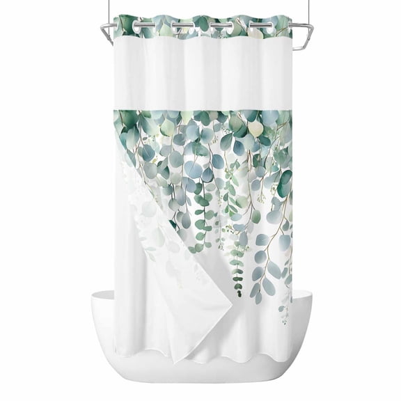 No Hook Shower Curtain, Eucalyptus Leaves Small Shower Curtains with Snap in Liner, Teal Botanical Summer Weeping Waterproof Washable Fabric Bathroom Curtain Sets, 36"W x 72"L