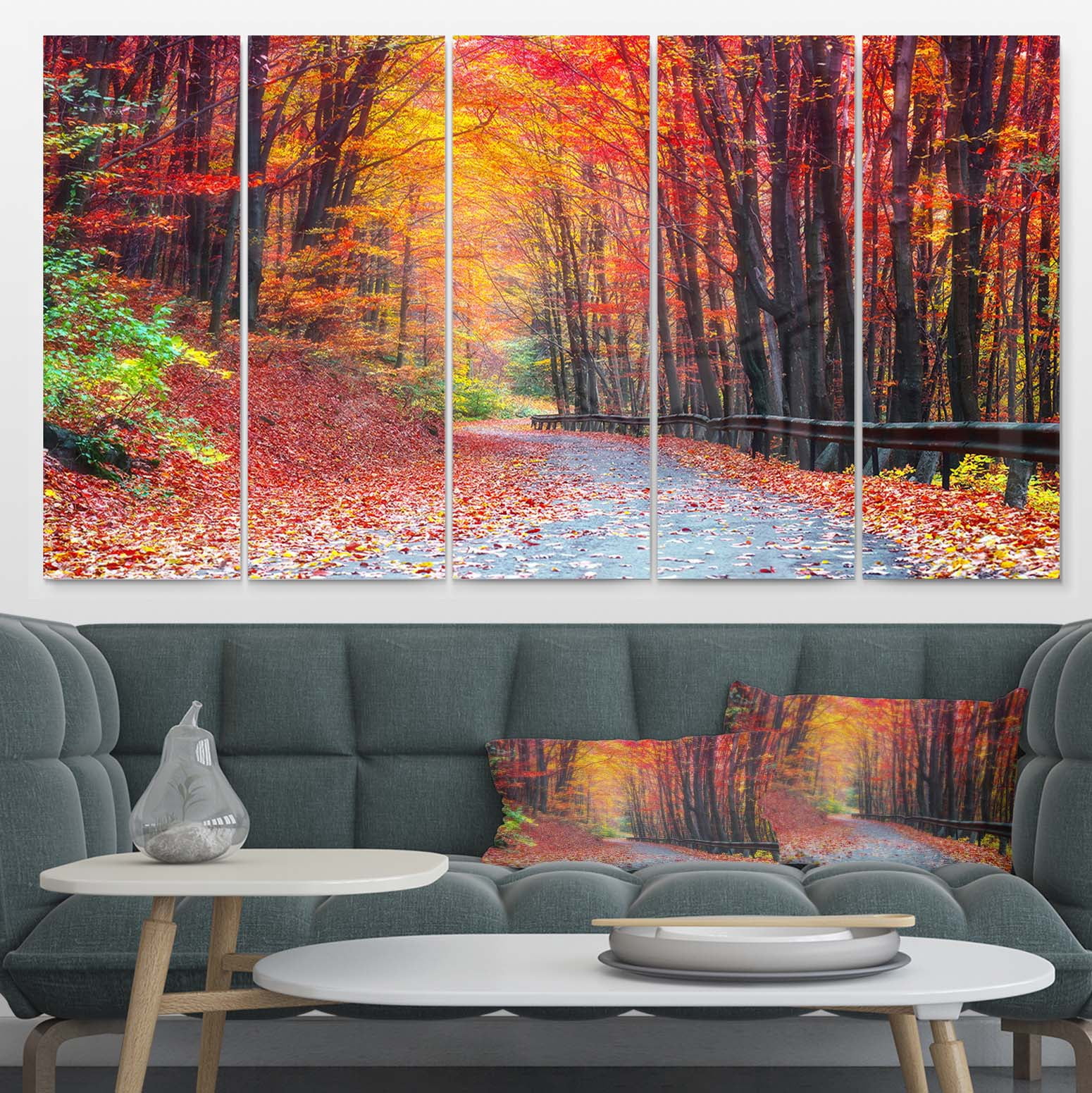 Designart 'Road in Beautiful Autumn Forest ' Multipanel Modern Forest Extra Large Metal Wall Arts