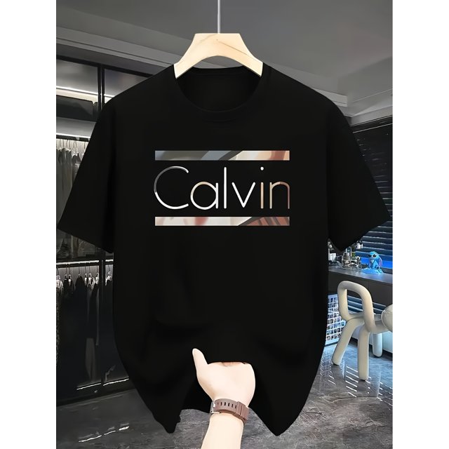 Men's Casual Short Sleeve T-Shirt - Bold CALVIN Graphic Print, Black with White & Golden Lettering, Regular Fit Summer Top, Machine Washable