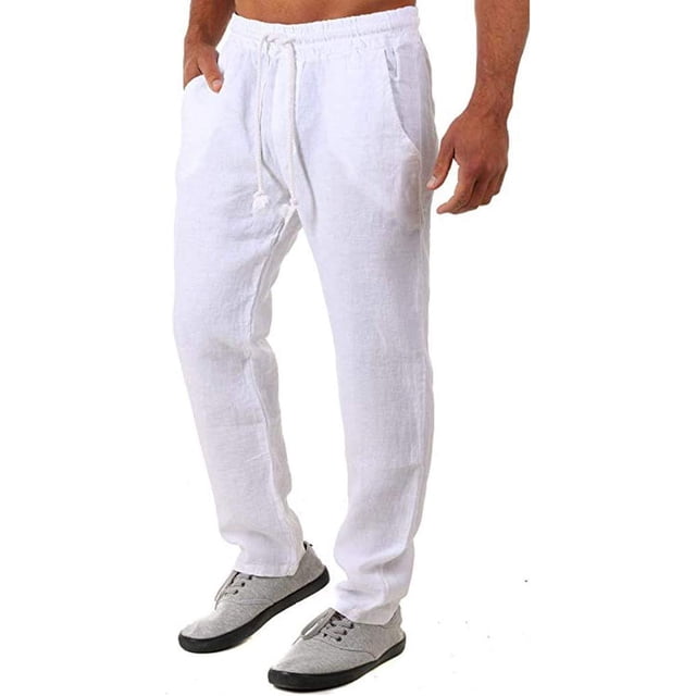 Pantalones casuales de lino para hombre, color sólido, ligeros, sueltos, elásticos, con cordón, rectos, para verano, playa, yoga blanco, XL blanco, XL Xishao ropa