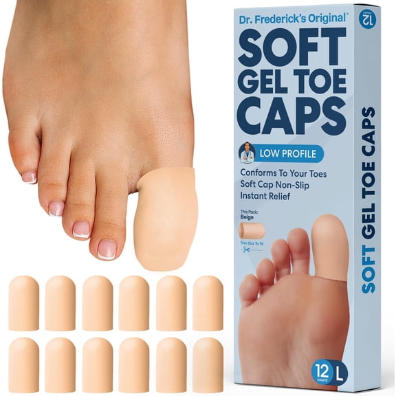 Dr. Frederick’s Original Soft Gel Toe Caps - 12 ct - Doctor-Developed Toe Protectors for Ingrown Toenails, Blisters, Corns & Calluses - Toe Sleeves for Pain Relief & In-Shoe Comfort - Beige, Large