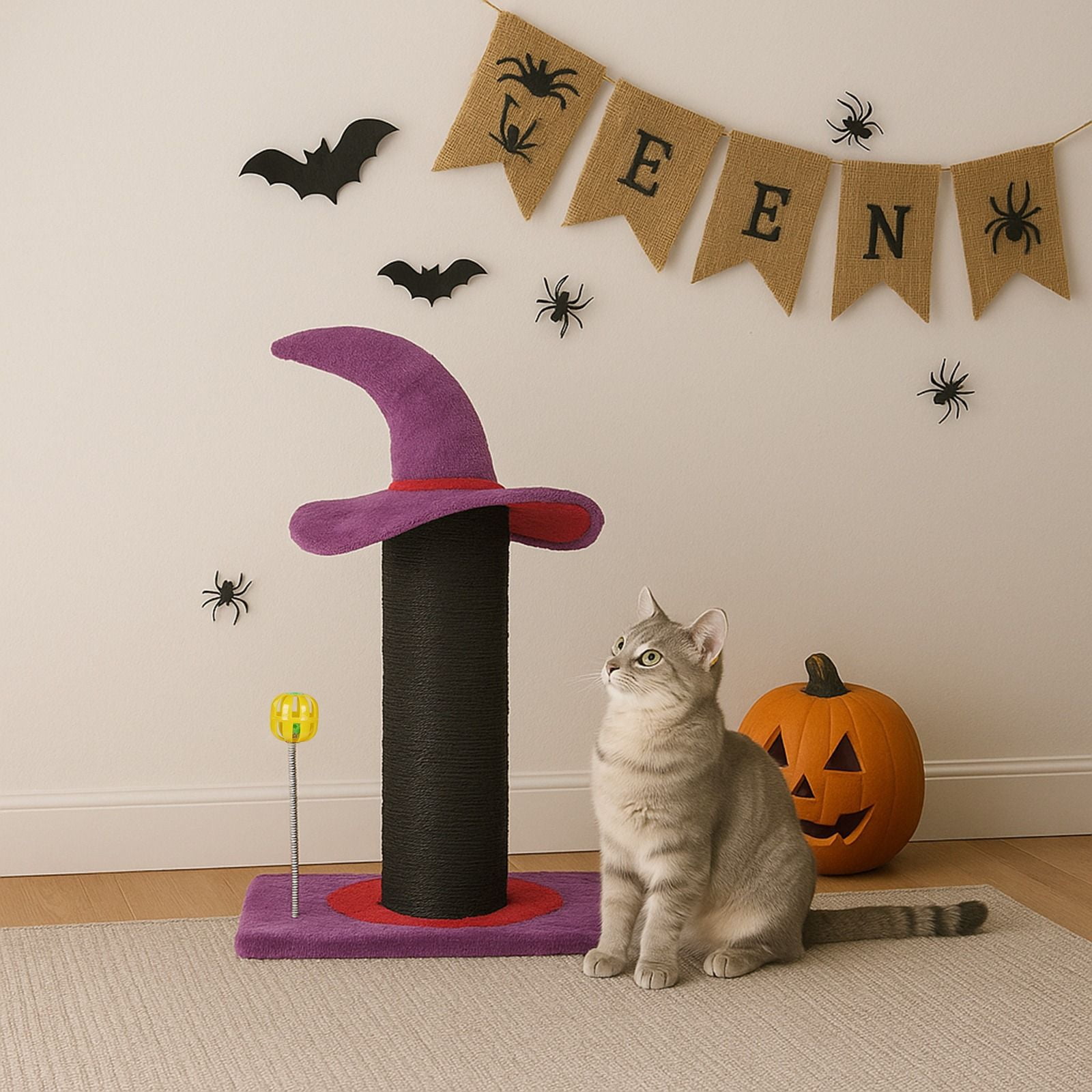 Halloween Cat Scratching Post with Wizard Hat Design, Sisal Rope Scratcher with Spring Ball Toy, Sturdy Base for Indoor Cats, 40*30*60cm