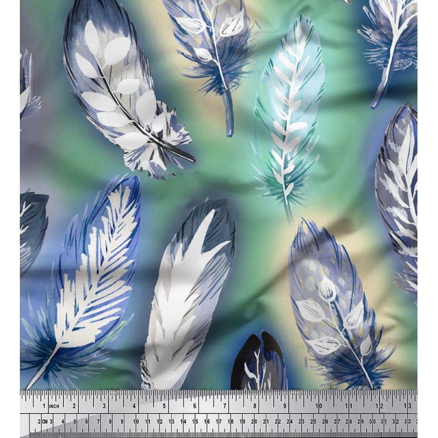 Soimoi Poly Georgette Fabric Leaves & Feather Decor Fabric Printed Yard 42 Inch Wide