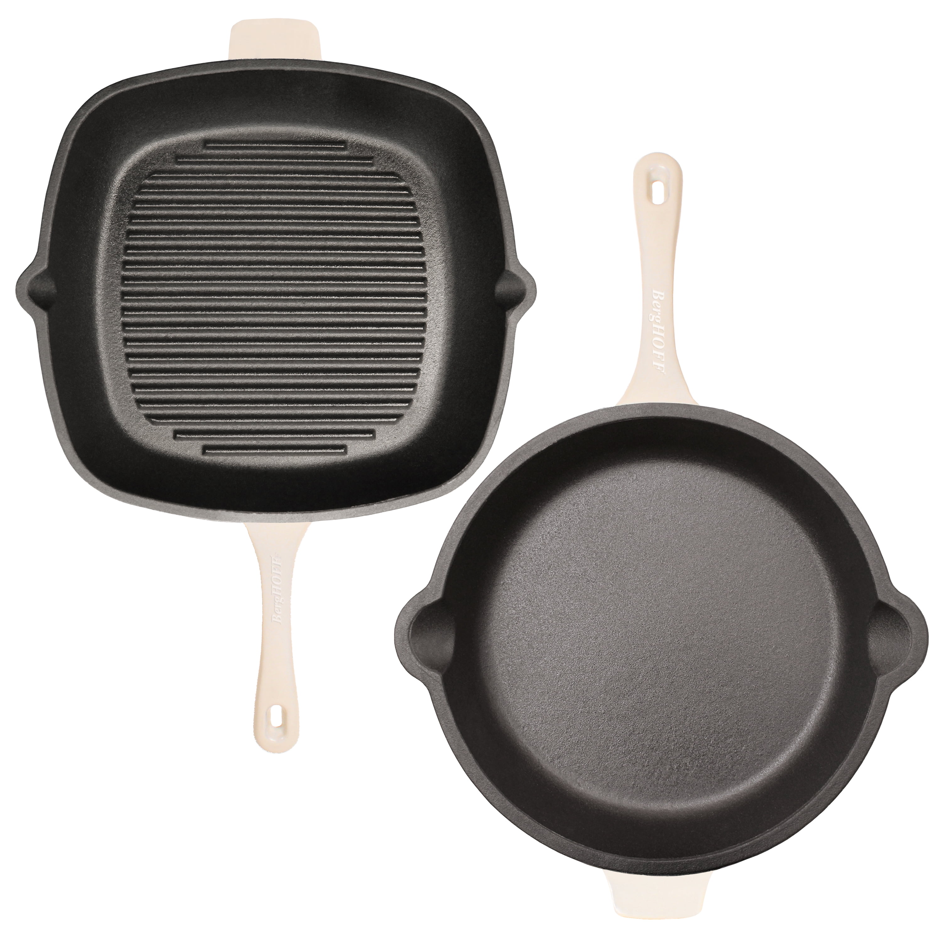 BergHOFF Neo 2pc Cast Iron 10" Fry Pan & 11" Grill Pan Cookware Set, Meringue