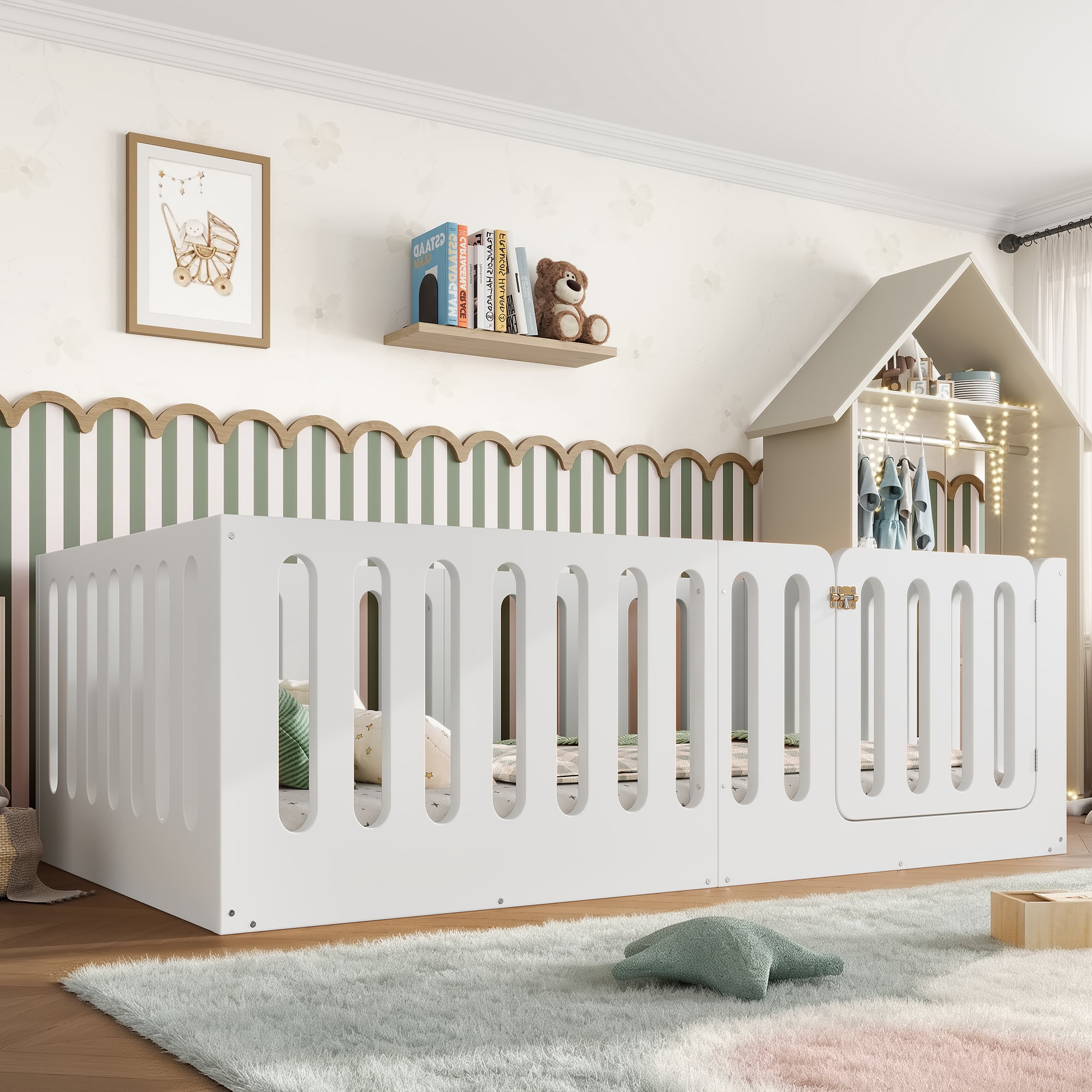 Miniyam Twin Floor Bed with Door, Low Profile Kids Bed with Guardrails, Pine and Plywood, White