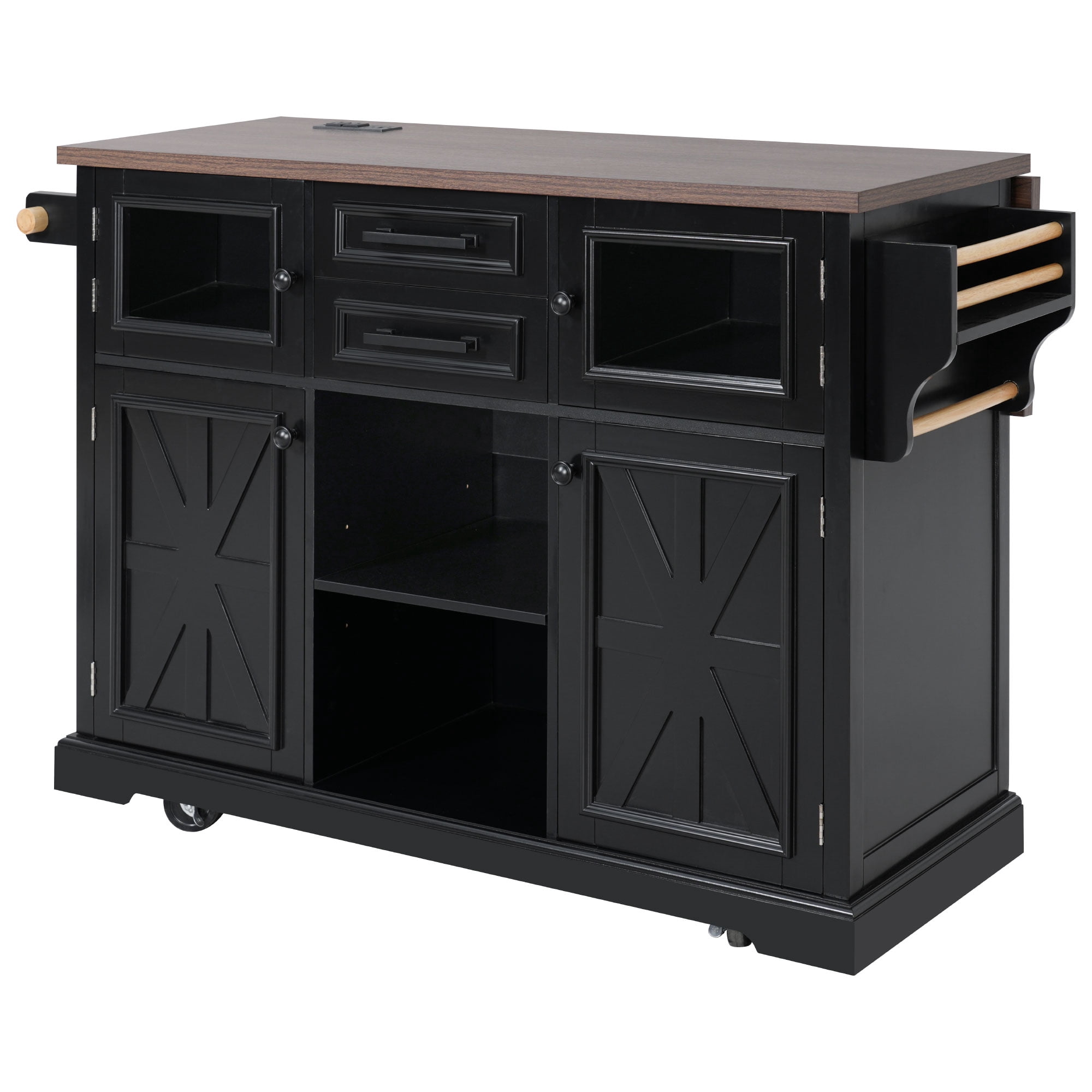 Homy Casa 54.9" Rolling Kitchen Island Carts with Drop Leaf, Storage Cabinet, Drawers and Shelves, Black