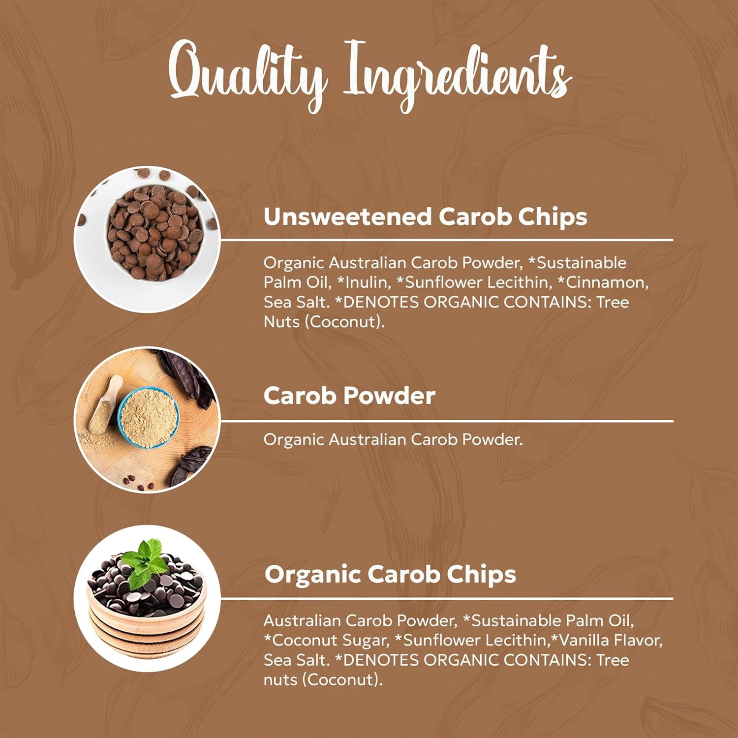 Missy J's Carob Chips Sampler Pack 3 Flavors Vegan Healthy Desserts, Gluten Free Snacks and Treats