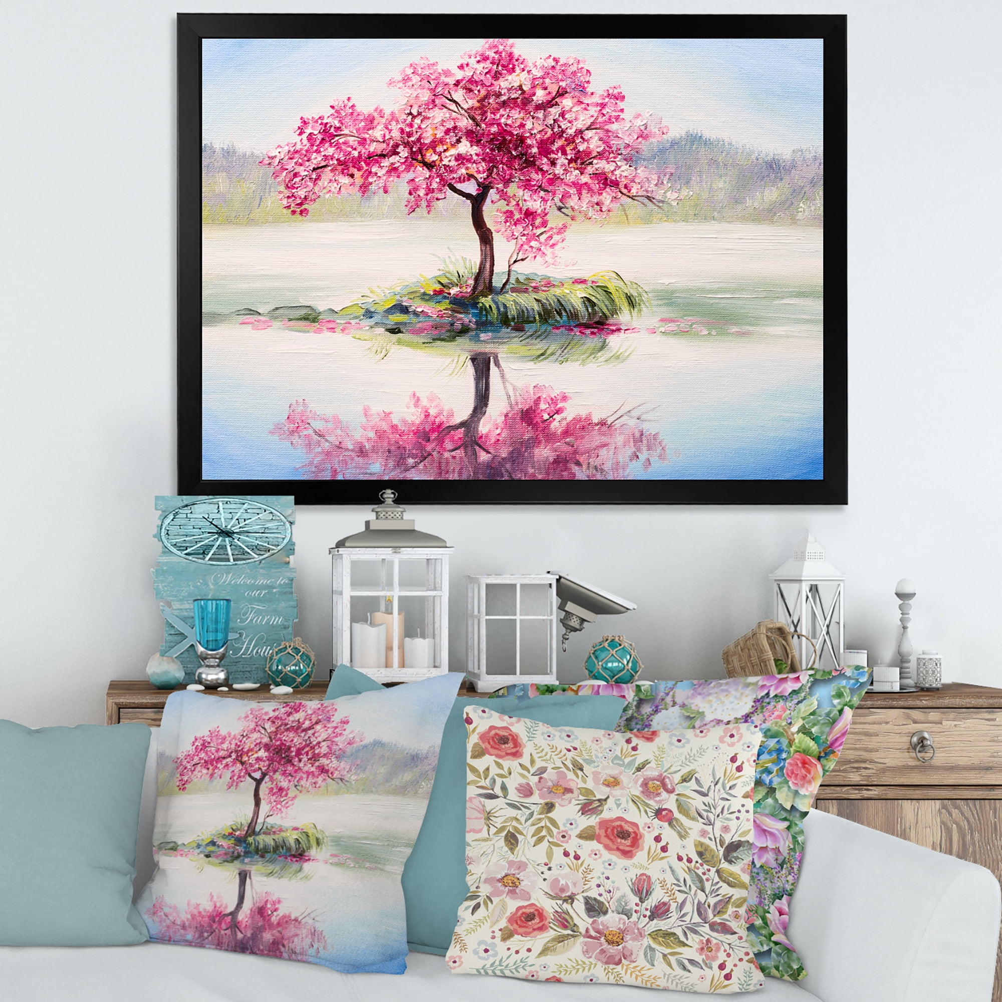 Designart 'Oriental Cherry Pink Tree Sakura On The Lake' Lake House Framed Art Print