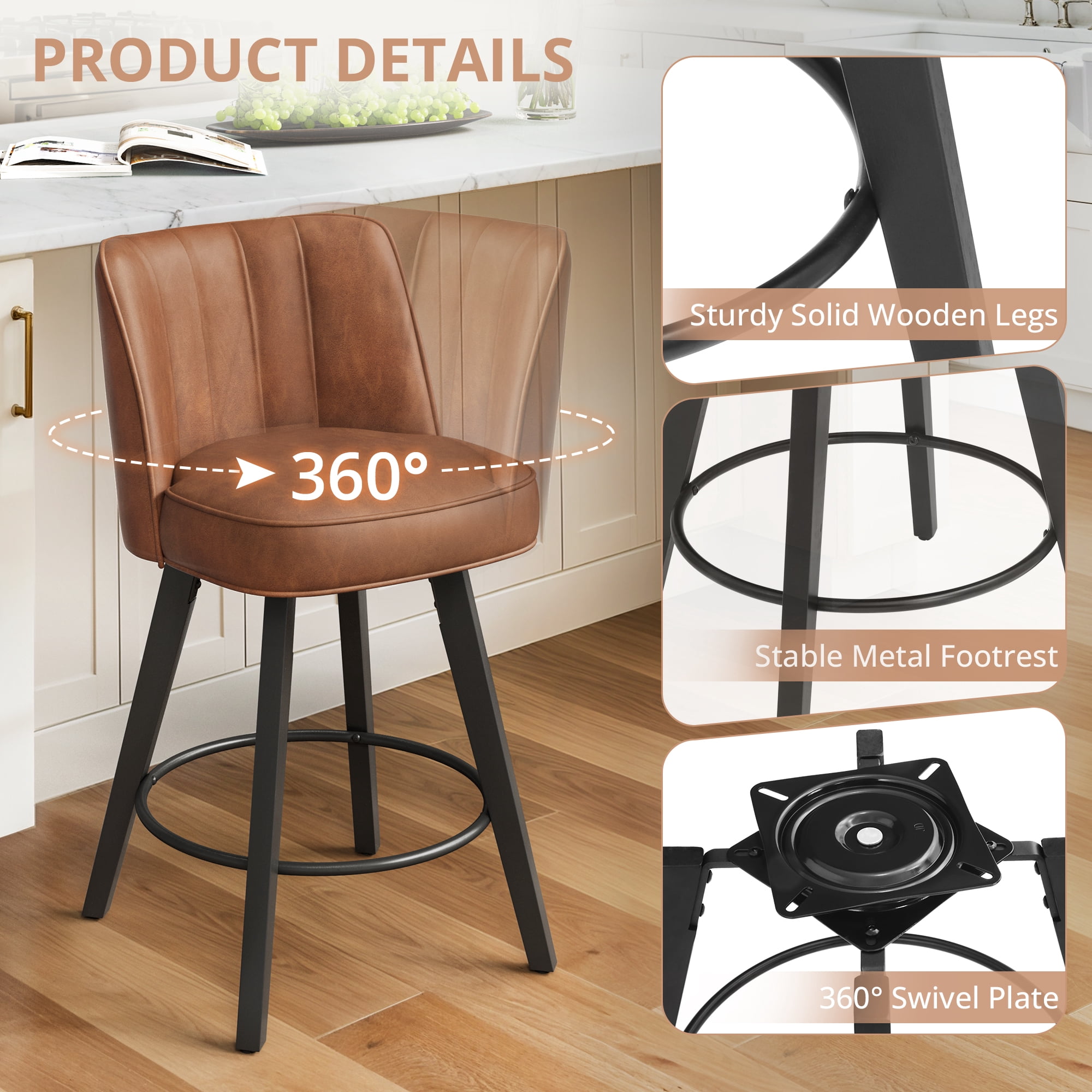 Dycanpo 26" Counter Height Bar Stools with Back, Swivel Leather Barstool Upholstery for Kitchen, Brown
