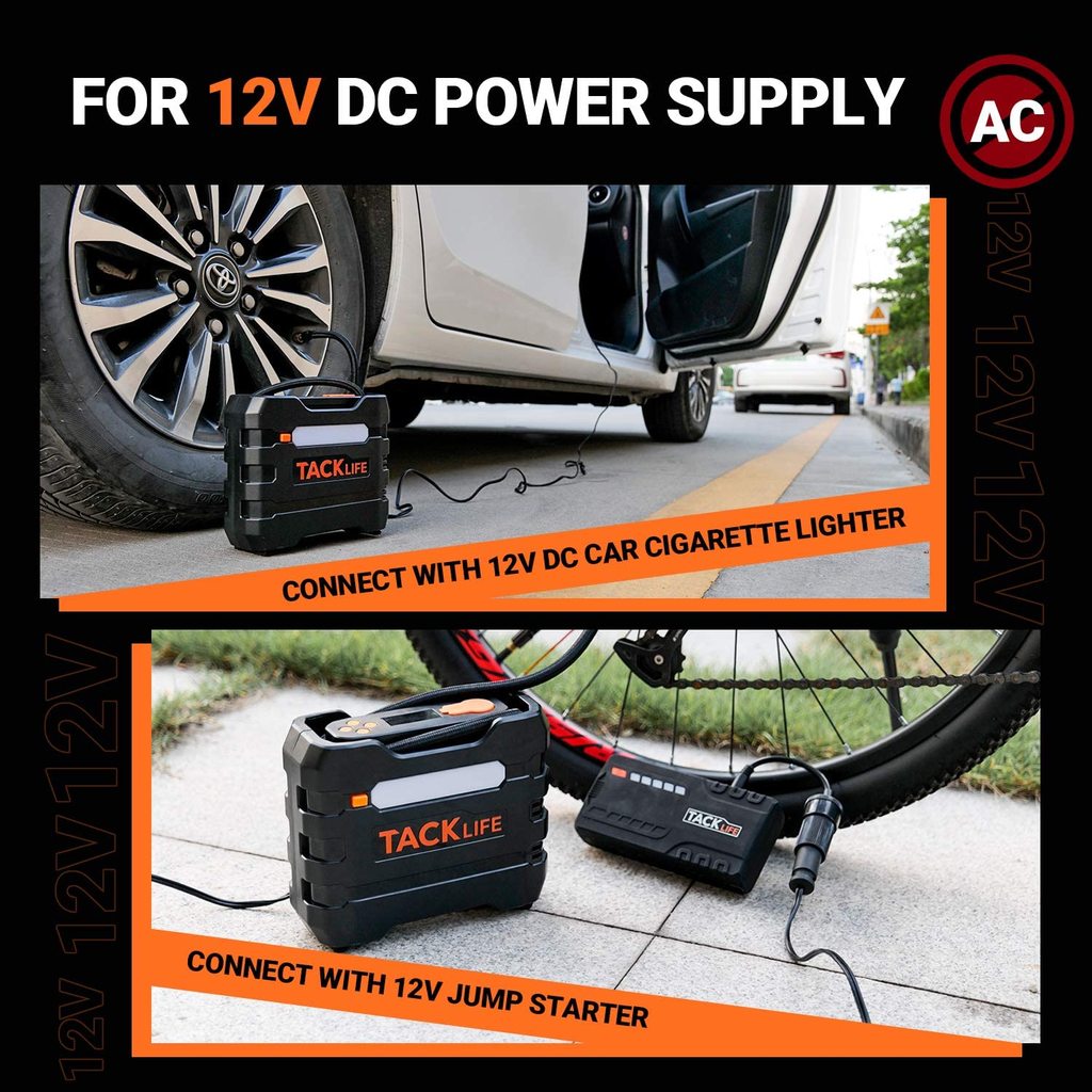 TACKLIFE Car Tire Inflator 12V DC Portable Air Compressor with 3 LED Lights | Orange A6 - image 5 of 6