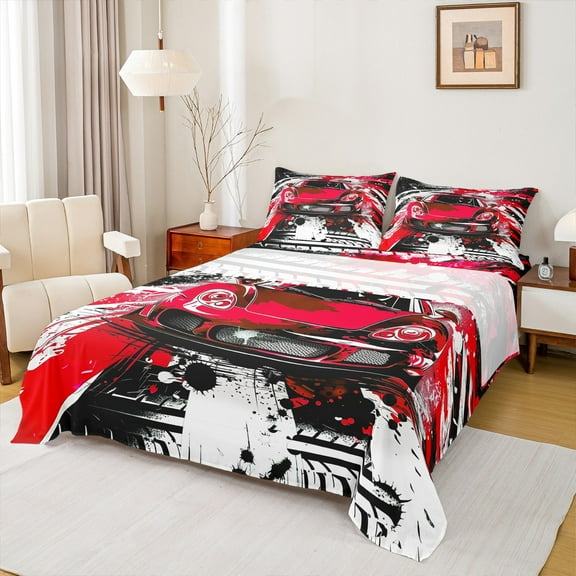 Manfei Cartoon Sport Car Twin Sheet Sets for Boy, Modern Graffiti Watercolor Twin Fitted Sheet, Red Automobile Flat Sheet, Super Cozy Room Decor, 3-Piece