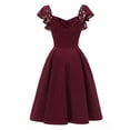 thumbnail image 6 of DeHolifer Women Dresses Lace Floral V-Neck Ruffles Short Sleeve Tight Waist A-Line Cocktail Party Swing Dress Wine L, 6 of 6