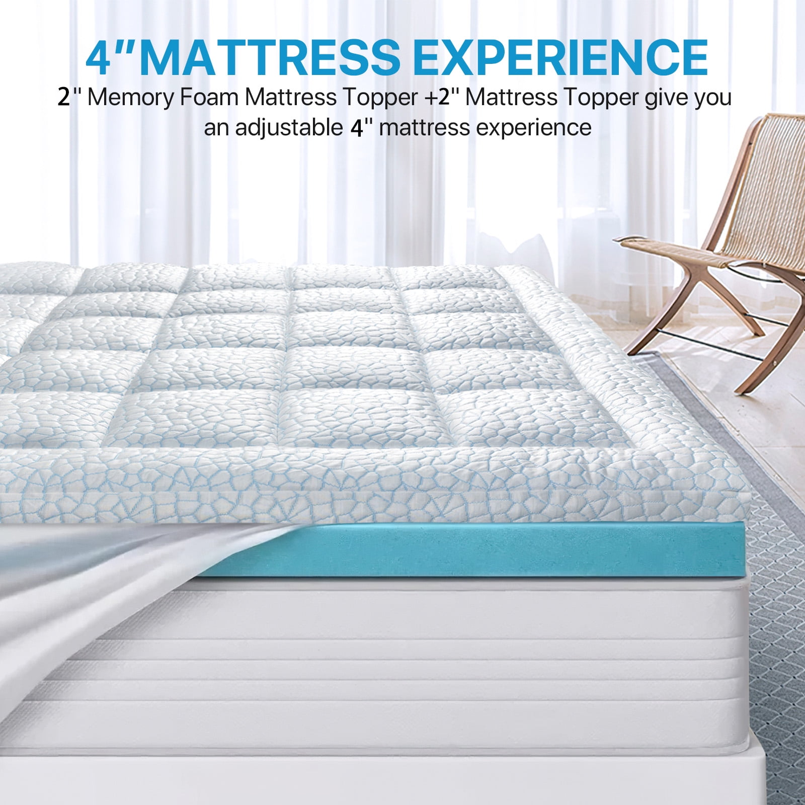 Fapo Dual Layer 4-Inch Memory Foam Mattress Topper, Including 2" Memory Foam and 5" Soft Breathable Quilted Pillow Top Mattress Pad, Full Size