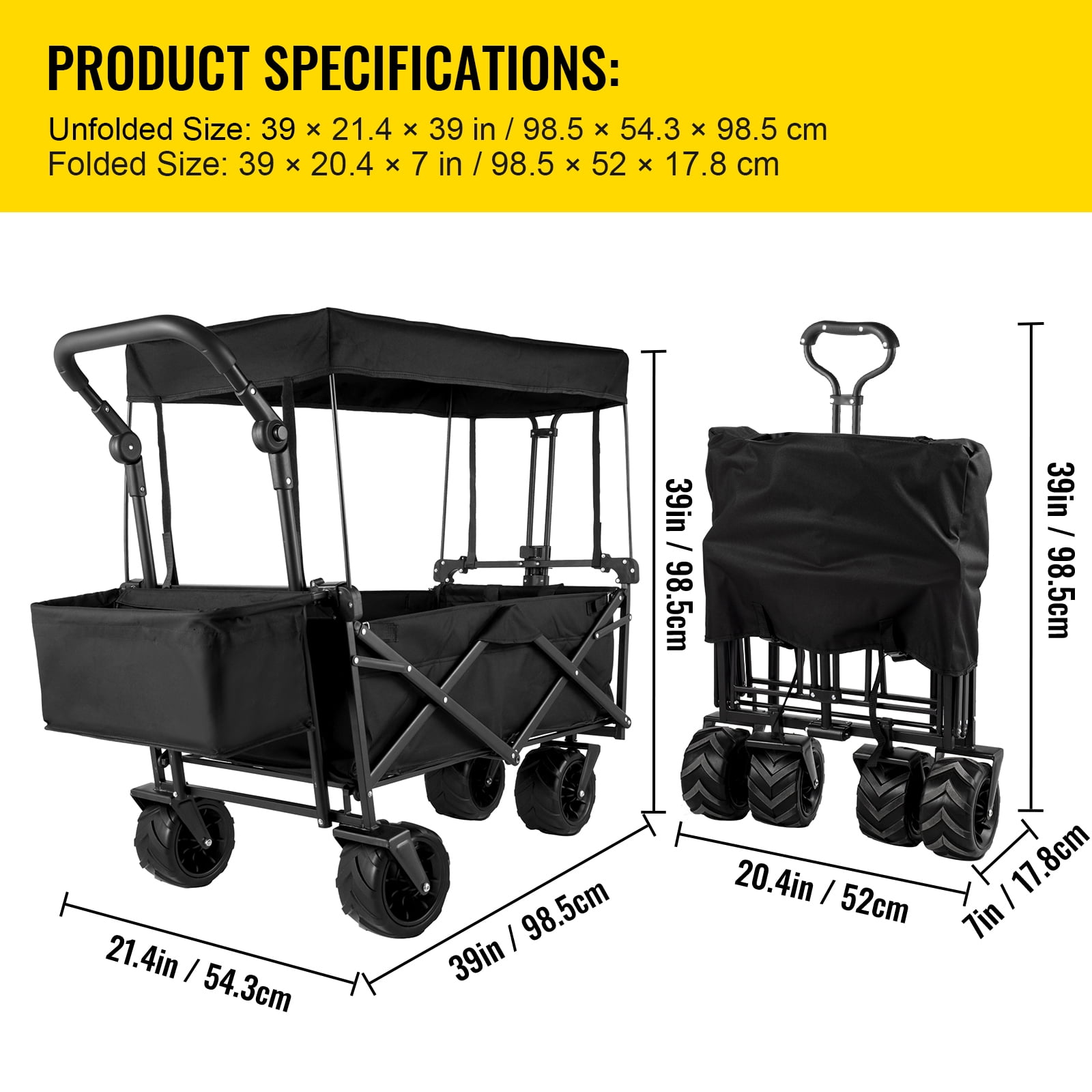 VEVOR Collapsible Wagon Cart, Folding Utility Garden Trolley with Removable Canopy 600D Oxford Cloth for Camping (Black)