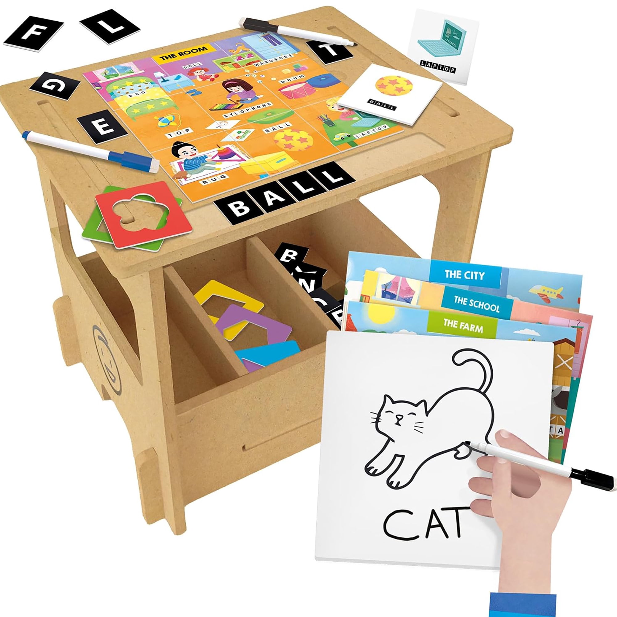Headu: Wooden Desk Writing School - 7-Step Method Learning Games, Write & Draw Activity Station, Practice Letters & Words, Preschool Play, Kids 3-6