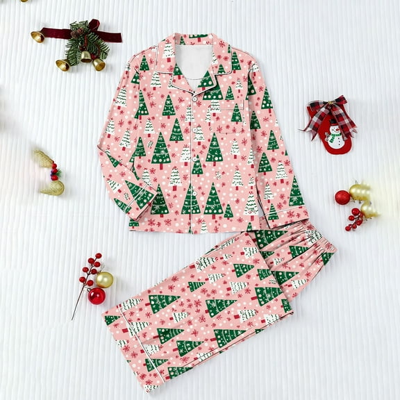QLEICOM Womens Pajama Sets,Pajamas for Women Set,Women's Christmas Pajama Set with Long Sleeve Collared Shirt and Matching Pants Festive 2-Piece Loungewear Set for Holiday Gatherings and Relaxation