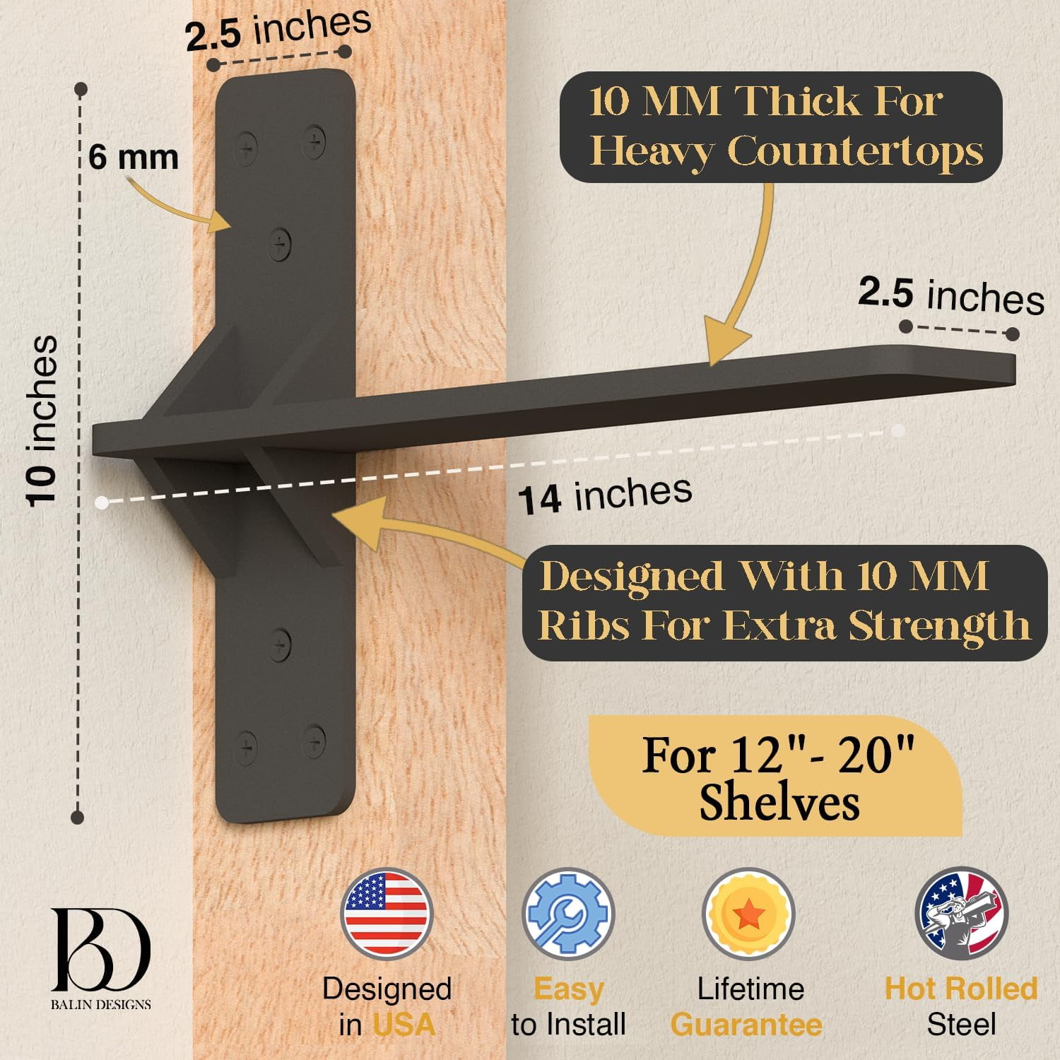 14" Black Countertop T Invisible Shelf Bracket by Balin Designs - Free Hanging Wall Brackets for Kitchen & Bathroom - Heavy Duty Floating Vanity Support for Shelves & Granite Countertops (pack of 2)