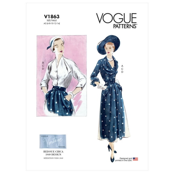 Vogue Sewing Pattern V1863 - Misses' Blouse, Skirt and Belt, Size: A5 (6-8-10-12-14)