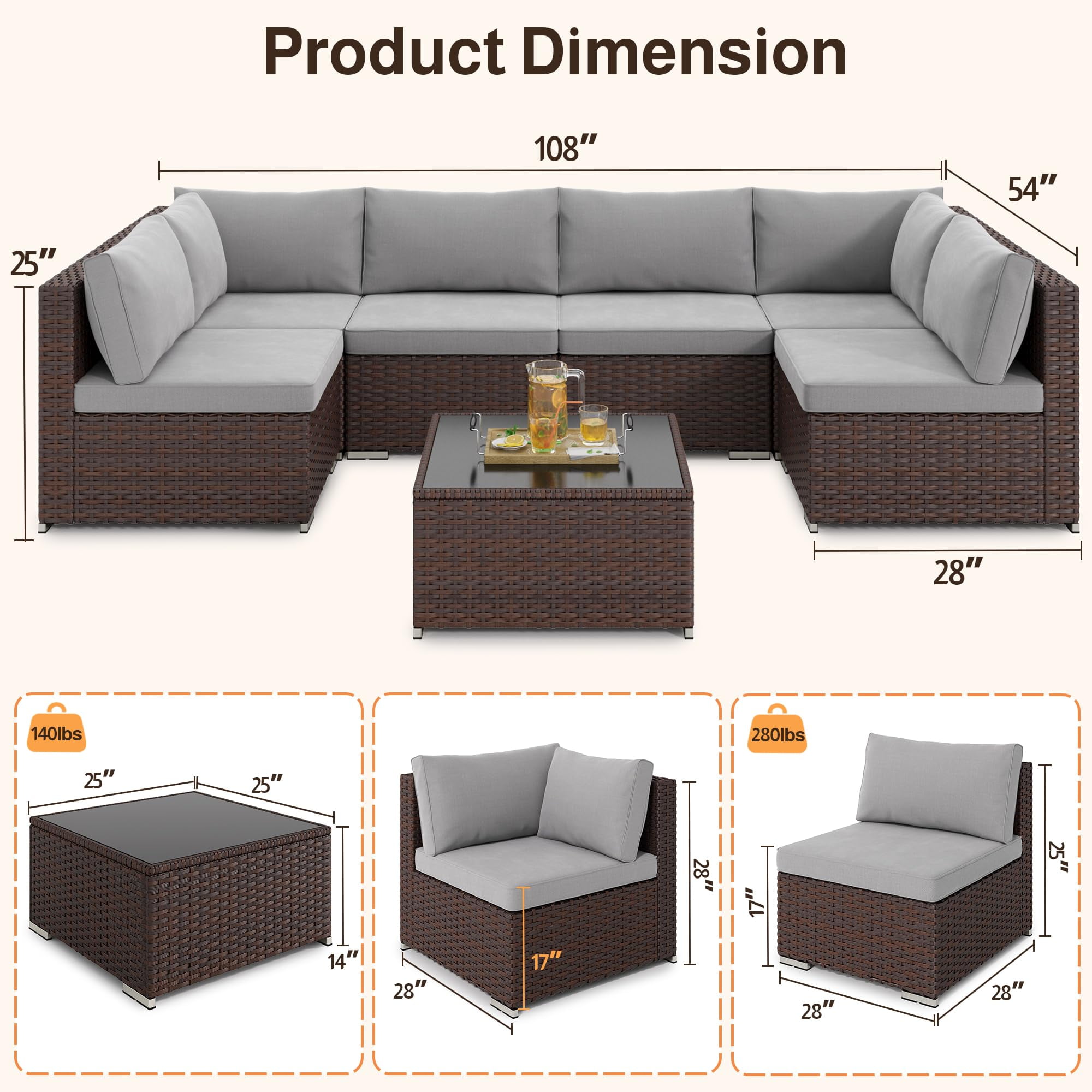 Lofka 7-Piece PE Rattan Patio Furniture Set, All-Weather Outdoor Sectional Sofa with Glass Coffee Table & Waterproof Gray Cushions, Modular Wicker Conversation Set for Backyard, Garden, Poolside