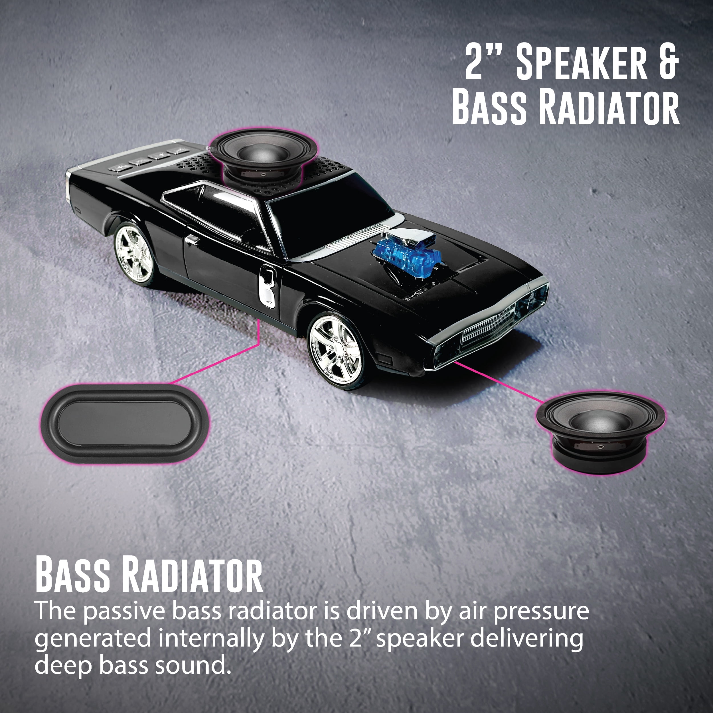 QFX Bluetooth 1968 Retro Muscle Car Replica Speaker, Dual 2-inch Speakers, Hands Free Link, Built-in Microphone, FM Radio and LED Party Lights, Black - BT-1968-BLK
