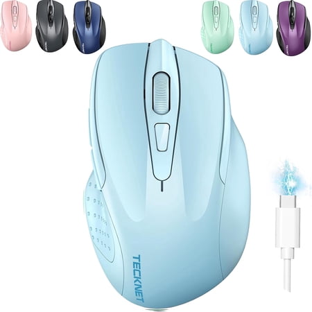 TECKNET Wireless Mouse (BT5.0/3.0 & 2.4G) Rechargeable 4800 DPI Silent USB A & Bluetooth Mouse 6 Buttons Wide Compatibility – Lightblue