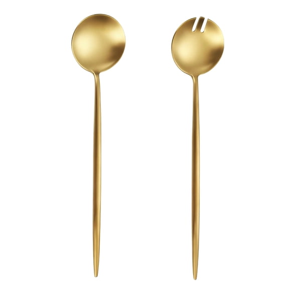 2 Pcs Gold Stainless Steel Salad Server Set – 11.4" Long Handle Serving Spoon & Fork, Mirror Polished, 304 Steel, Elegant for Home & Restaurant