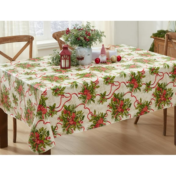 Christmas Red Holly Traditions Floral Print 52 x 52 inch Square Vinyl Flannel Back Dining Tablecloth