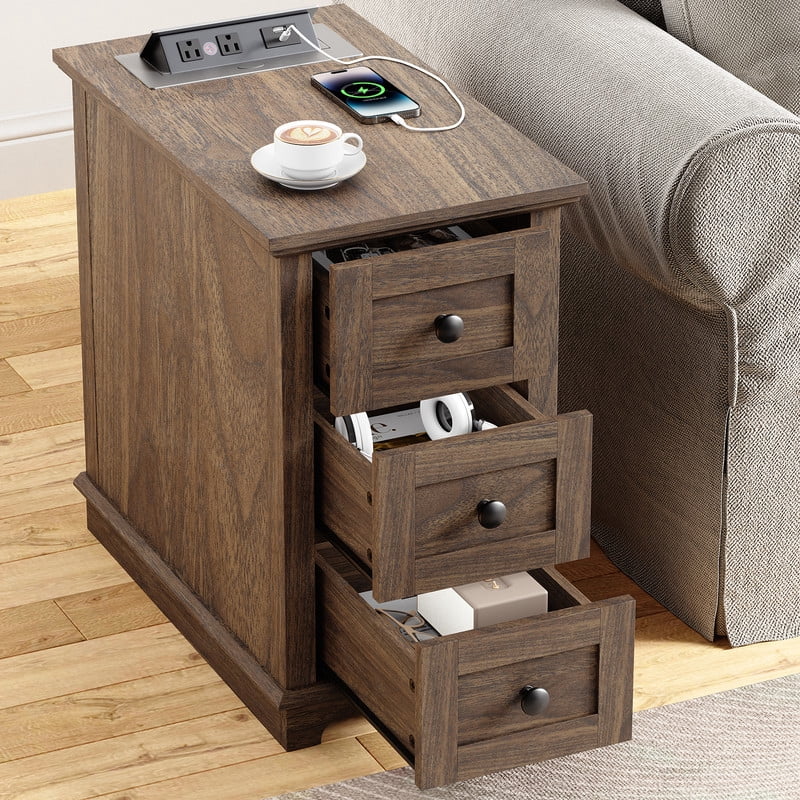 PLAMLE End Table with 3 Drawers for Living Room,Nightstand Sofa Side Table with Charging Station,End Table.