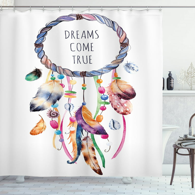 Feather Shower Curtain, Ethnic and Tribal Native American Dream Catcher  Illustration Bohemian Style Image, Fabric Bathroom Set with Hooks,  Multicolor, by Ambesonne 