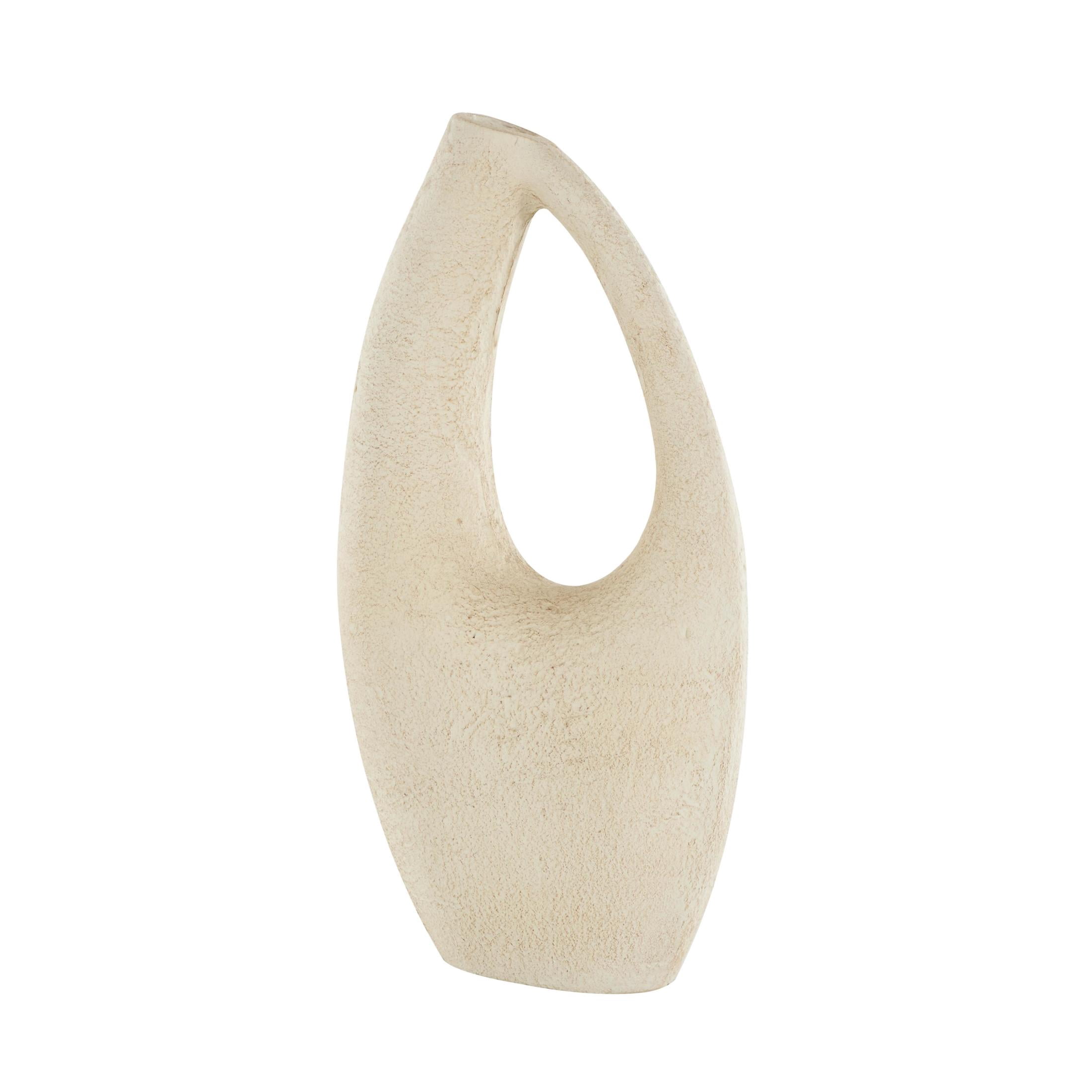 DecMode 14" Abstract Curved Cutout Cream Paper Mache Vase with Brown Distressed Texturing