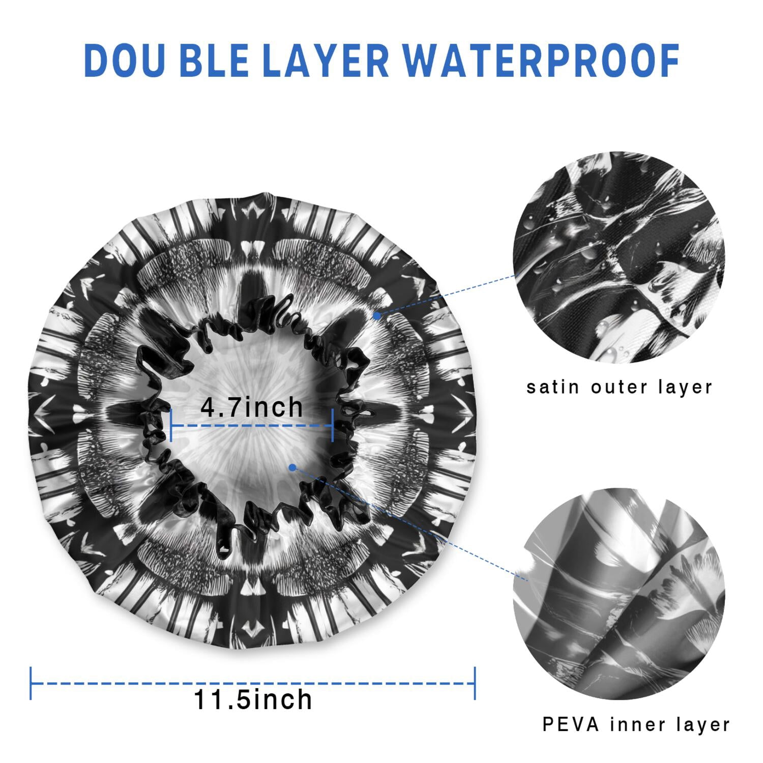 Shower Caps,Black White Tie Dye Mandala Pattern Waterproof Shower Cap for Women 4 Pieces,Double Reusable Hair Cover for Shower PEVA Elastic Stretch Hem