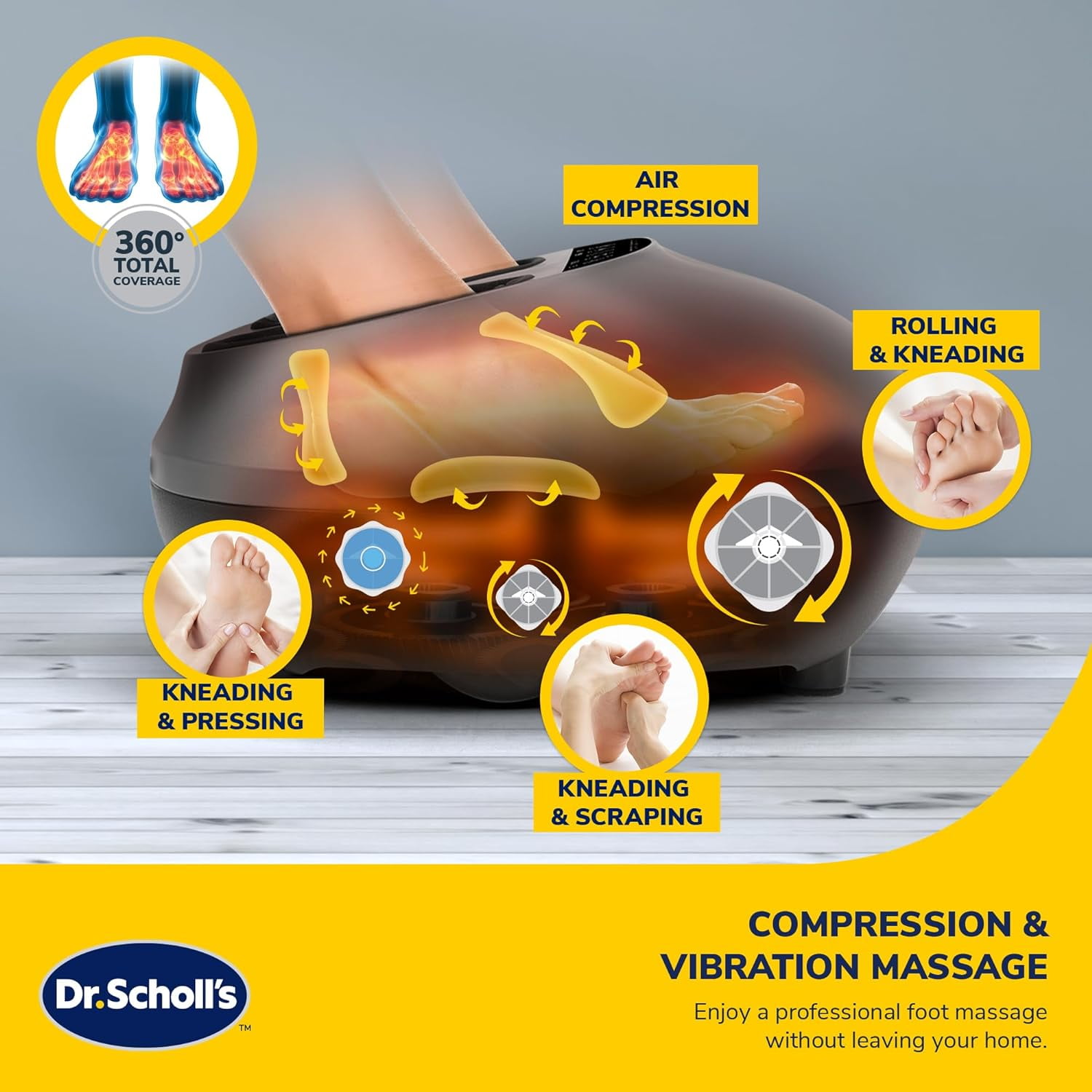 Dr. Scholls 360 Deep Tissue Foot Massager with Heat, Multi-Level Settings  & LED Touch Control, Fits Up to Mens Size 12