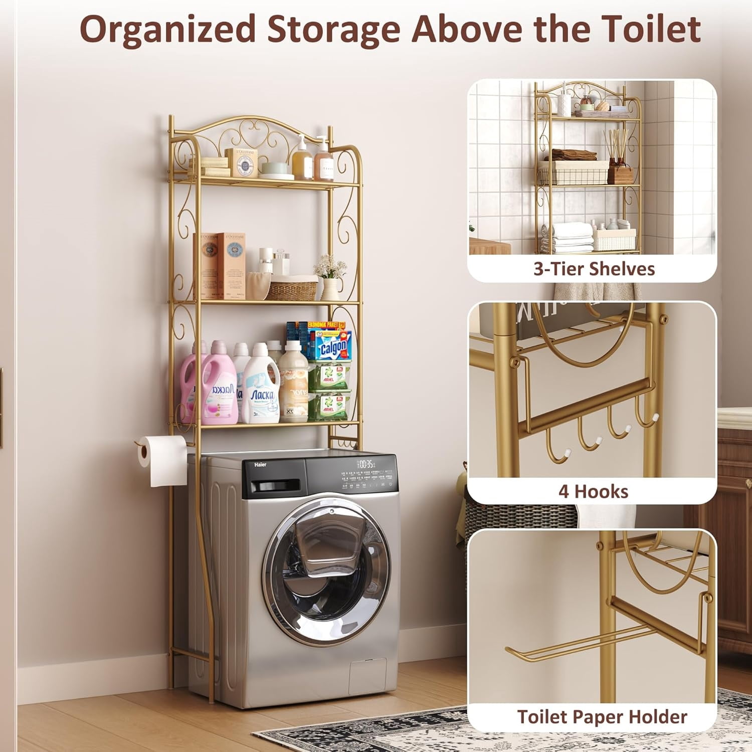 Over The Toilet Storage Shelf, 3-Tier Over Toilet Bathroom Organizer Rack, Freestanding Space Saver Toilet Stands with Hooks, Gold