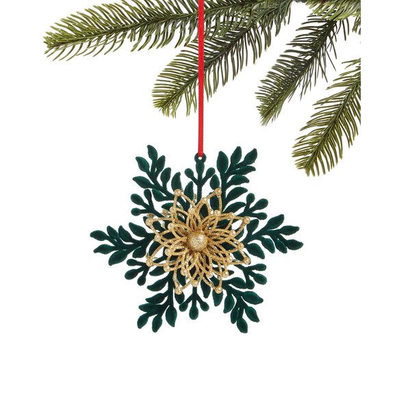 Holiday Lane Evergreen Dreams Flocked and Glittered Snowflake Ornament, Green/Gold